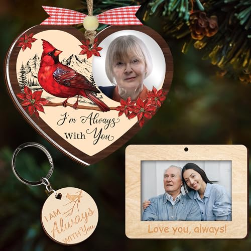 2 Memorial Photo Ornaments I Am Always with You Ornaments Christmas in Heaven Sympathy Gifts for Loss of Loved One, Wooden Picture Frames, Red Cardinal Decoration for Xmas Tree 2025 HH361 - color: Heart Cardinal, size: 4"