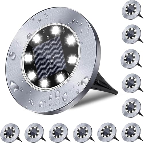 4.6 Inch Diameter Solar Ground Lights, Waterproof Solar Garden Lights, Outdoor Garden Waterproof Bright in-Ground Light, Landscape Lighting for Pathway,Yard,Lawn,Patio,Walkway (12 Pack White Light) - color: White Light, size: 12 Pack