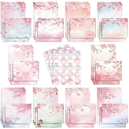 TaoBary 160 Pcs Cherry Blossom Stationery Paper and Envelopes Set | 5.5 x 8.25'' Letter Writing Kit, 50 Double Sided Stationery Writing Papers 50 Matching Envelopes 60 Round Dot Sticker - size: 5.5 x 8.25 Inch, style: Cherry Blossom