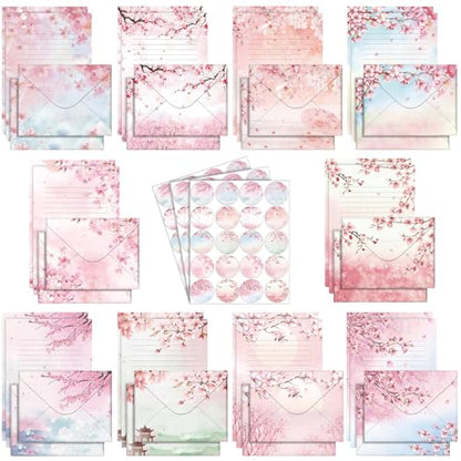 TaoBary 160 Pcs Cherry Blossom Stationery Paper and Envelopes Set | 5.5 x 8.25'' Letter Writing Kit, 50 Double Sided Stationery Writing Papers 50 Matching Envelopes 60 Round Dot Sticker - size: 5.5 x 8.25 Inch, style: Cherry Blossom