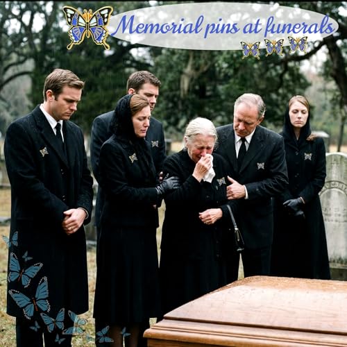 60 Sets Funeral Favors for Guests Butterfly Enamel Lapel Pins with Prayer Poem Memorial Cards Celebration of Life Gifts - color: Blue, style: Classic