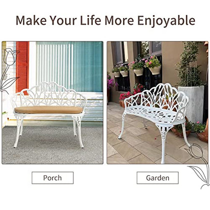 HOMEFUN Outdoor Bench with Cushion, White Tulip Cast-Aluminum Loveseat | Patio Garden Benches, Metal Loveseat, Cast-Aluminum, For Park Lawn Front Porch - color: White Tulip With Cushion