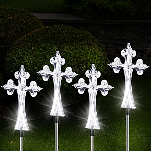 Riakrum 4 Pcs Solar Cross Lights Cemetery Memorial Stake 16 Inch,Cross | Waterproof Outdoor Garden Stake, Grave Decorations Religious Solar Powered, Cemetery Yard Memorial Markers