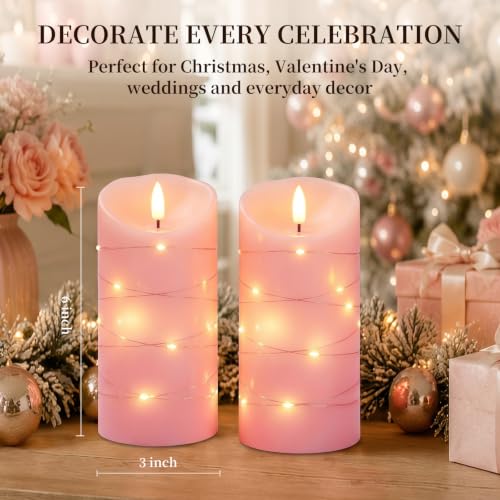 Homemory Flameless Candles with String Lights, 2 Pack Embedded Fairy String Lights LED Candles, Electric Flickering Candles with Remote Control and Timer, Real Wax, Pink - color: Pink, 2Pack