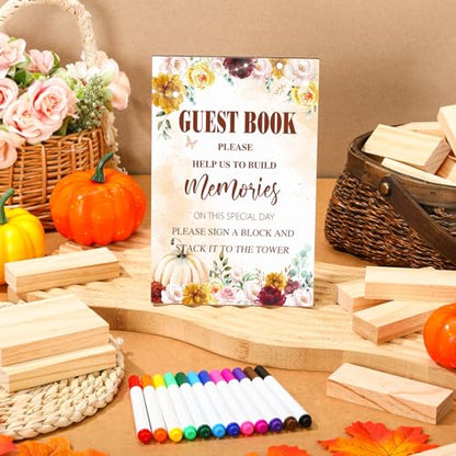 Beeveer 80 Pcs Wedding Guest Book Alternative Wooden Block Guest Book for Wedding Sign in Bridal Shower Decoration 54 Pcs Wooden Block Bridal Shower Game for Sign in, Reception(Pumpkin) - style: Pumpkin