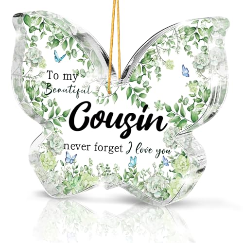 Long Distance Friendship Gifts for Cousins, Green Butterfly Acrylic Hanging Ornaments, Christmas and Thanksgiving Commemorative Decorations for Cousins, Graduation and Birthday Gifts, 3.1 x 2.1 inches - color: Cousin