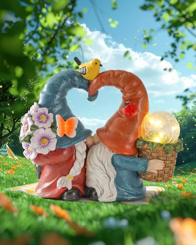 iStatue Solar-Powered 8.3'' Spring Summer Kissing Gnomes Decorations for Home & Garden - Decorative Outdoor Lawn Ornaments and Statues Clearance (Loved Gnomes) - color: Loved Gnomes
