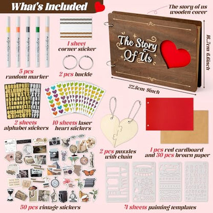 CY2SIDE Couples Photo Album Scrapbook - 111PCS The Story of Us Wooden Scrapbook Craft Kit with Heart Puzzle Brown Paper Sticker and Template for DIY, Romantic Anniversary Dating Gift for Him Her - style: Couple