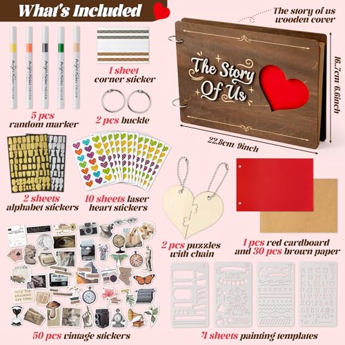 CY2SIDE Couples Photo Album Scrapbook - 111PCS The Story of Us Wooden Scrapbook Craft Kit with Heart Puzzle Brown Paper Sticker and Template for DIY, Romantic Anniversary Dating Gift for Him Her - style: Couple