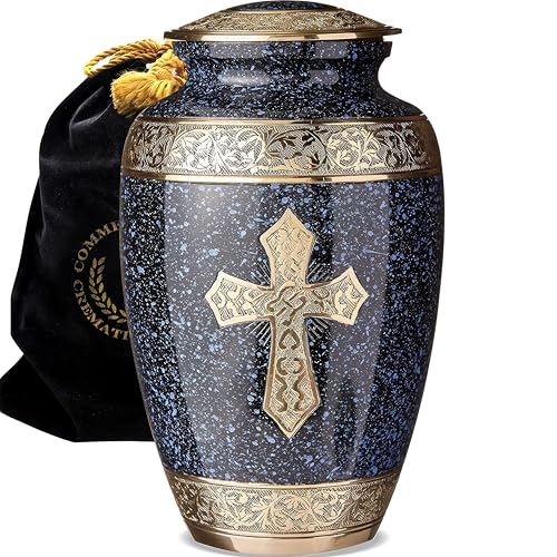 Black Cross Cremation Urns for Human Ashes Adult Male Urns for Ashes | Extra Large Cremation Urns For Ashes Adult Male & Female, Cross Urn, Brass, Hand Engraved, Threaded Lid, Felt Bottom - color: Black, size: Extra Large