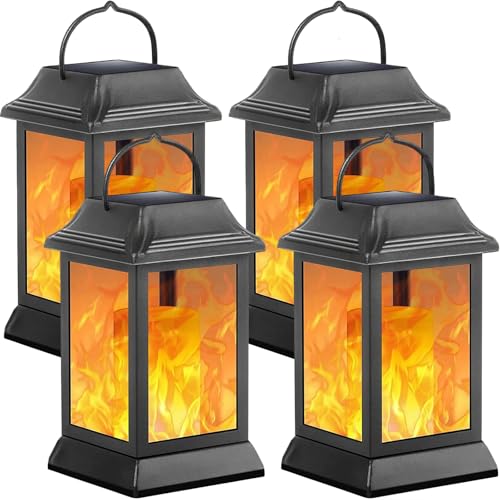 TomCare Flickering Flame Solar Lights Outdoor Metal Hanging Lantern, 4 Pack - size: 4 Pack, style: Elegant-Black