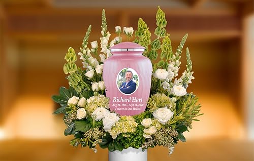 Personalized Photo Cremation Urns for Adult Ashes Male Female - 200lbs Custom Photo Burial Urns for Human Ashes - Engraved Handcrafted Funeral Decorative Urns for Adult with Velvet Bag, Pink Enamel