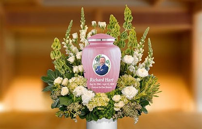 Personalized Photo Cremation Urns for Adult Ashes Male Female - 200lbs Custom Photo Burial Urns for Human Ashes - Engraved Handcrafted Funeral Decorative Urns for Adult with Velvet Bag, Pink Enamel