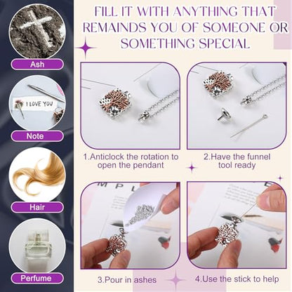 Ecation 15 Pcs Urn Necklace for Ashes Women Keepsake Cremation Jewelry Stainless Steel Cross Heart Cubic Locket Ashes Necklace for Human Loved One - color: Light Purple