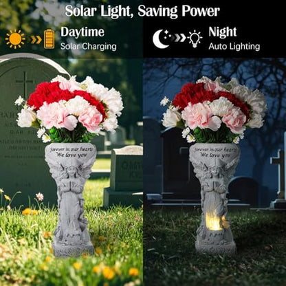 Lewondr Solar Cemetery Vase for Grave, Praying Angel Garden Stake Sculpture | Waterproof Memorial Flower Holder with Solar Candle Light, Sympathy Gifts for Loss of Loved One, Gray - color: Gray B