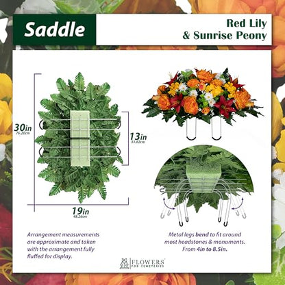 Sympathy Silks Artificial Flowers for Cemeteries - Gravesite Bouquet - Red Lily and Sunrise Peony - (1) Saddle - color: Red/Sunrise, size: (1) Headstone Saddle