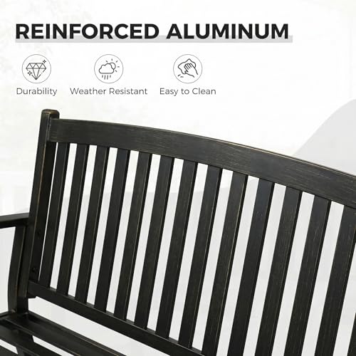 Grand patio 52" Farmhouse Outdoor Bench with Armrest, Black & Gold | Anti-rust Aluminum Frame, Faux Wood Grain Finish, for Front Porch, Yard, Park, Garden - color: Black & Gold
