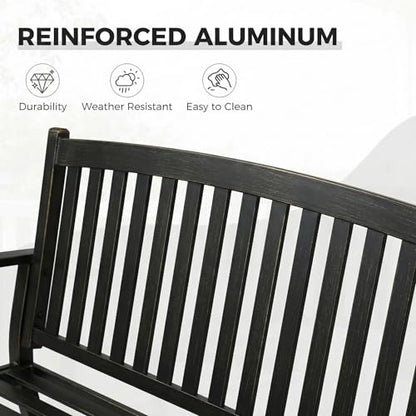 Grand patio 52" Farmhouse Outdoor Bench with Armrest, Black & Gold | Anti-rust Aluminum Frame, Faux Wood Grain Finish, for Front Porch, Yard, Park, Garden - color: Black & Gold