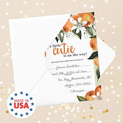Canopy Street Little Cutie Baby Shower Invites / 25 Baby Shower Invitation Cards With White Envelopes / 5" x 7" Citrus Clementine Fruit New Baby Party Invitations/Fill In Gender Neutral Invite Cards - color: Little Cutie
