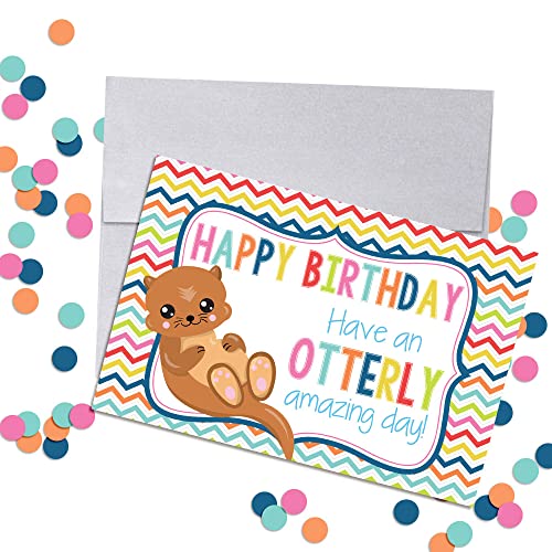 Adorable Otter OTTERLY Amazing Day Birthday Pun Themed Single (1) All Occasion Blank Birthday Card To Send To Friends & Family, 4"x 6" (when folded) Fill In Greeting Note Card by AmandaCreation - style: OTTERLY Amazing Day