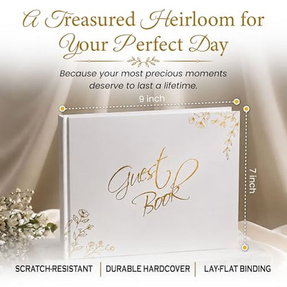 Wedding Guest Book, 100 Blank Pages, 9×7" Gold Foil Hardcover - color: White