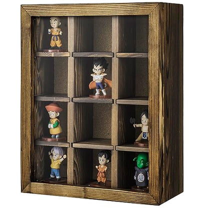 MyGift Shadow Box with Shelves, Display Case with 12 Compartments for Collectibles, Rustic Burnt Solid Wood with Cork Back, Clear Acrylic Viewing Panel, Hinged Door with Magnetic Closure