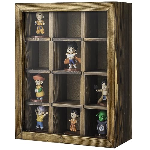 MyGift Shadow Box with Shelves, Display Case with 12 Compartments for Collectibles, Rustic Burnt Solid Wood with Cork Back, Clear Acrylic Viewing Panel, Hinged Door with Magnetic Closure