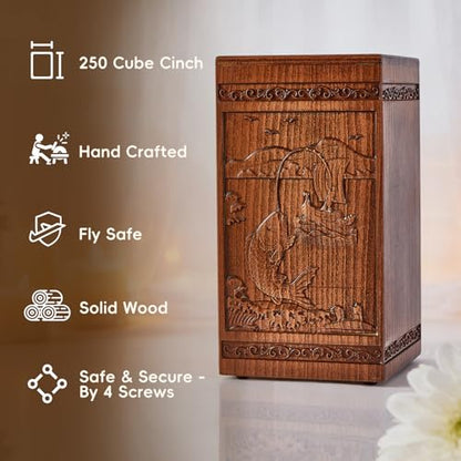 Lotoo Wooden Urn for Ashes Adult Male Female, Hand-Carved Fishing Pattern Cremation Urns for Human Ashes, Decorative Funeral Memorial Urns Box for Men Women, Holds 250 Cubic Inches