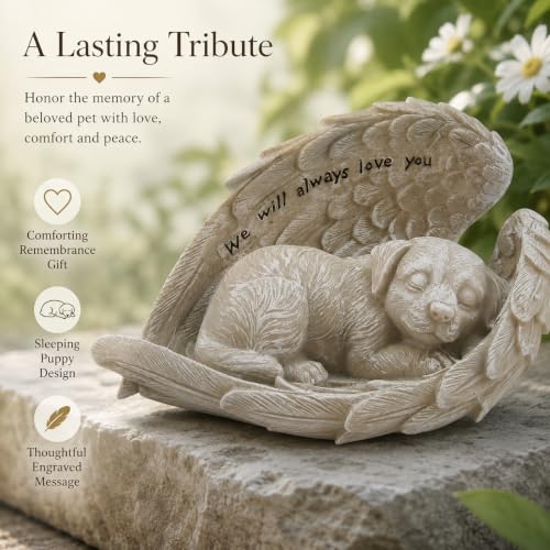 Comfy Hour 8.2 Inch Dog Angel Statue, Sleeping Pet Memorial | Dog Bereavement Gift, Angel Wings, Gray Resin, We Will Always Love You Inscription, Shelf Or Mantel Decor
