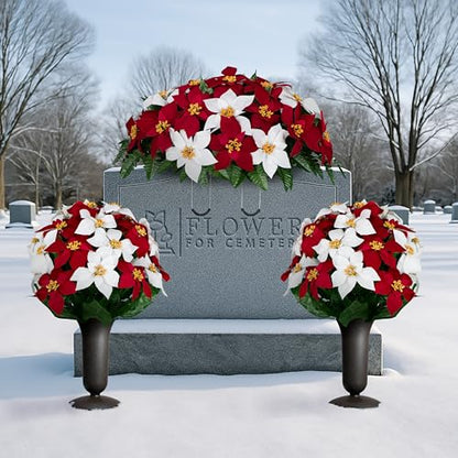 Artificial Cemetery Flowers - Gravesite Memorial Arrangment - Red & White Poinsettia - (1) Saddle (2) Bouquets (2) Vases - color: Red & White, size: (1) Saddle (2) Bouquets (2) Vases