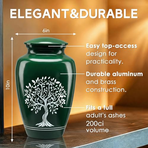 Emvency Urn for Ashes, Metal Alloy, 10" H x 6" W, Green - color: Green