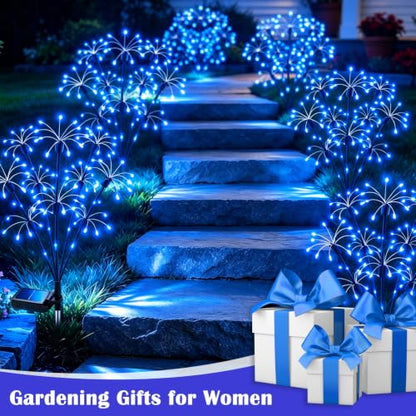 Solar Garden Lights Outdoor, 4 Pack 2-Layer Blue Fairy Firework Lights - color: Blue