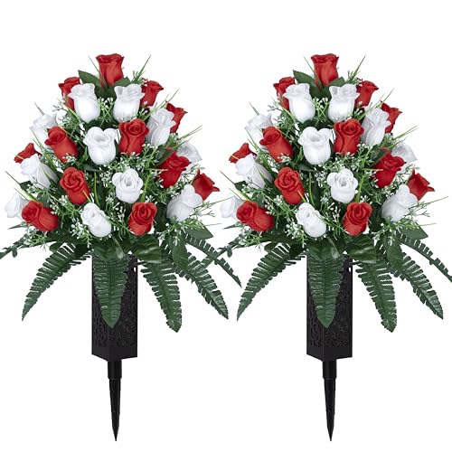 LVXINLI 2 Sets Artificial Cemetery Flowers,Outdoor Grave Decorations Roses,Beautiful Arrangements Bouquet with Cemetery Vase,Lasting and Non-Bleed Colors (White+Red) - color: White+red