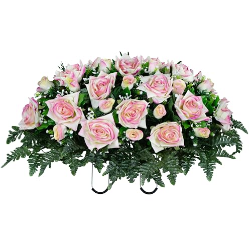 Sympathy Silks - Artificial Flowers for Cemeteries - Cream Pink Open Roses and Rose Buds - (1) Headstone Saddle - color: Pink