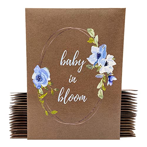 Digital Voyager Baby Shower Party Favors for Guests - Baby in Bloom Seed Packets - Blue Floral Accents and Greenery - Dark Brown - Already Filled - Pack of 20 - color: Blue