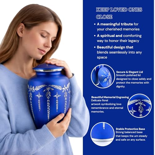 Cremation Urn for Human Ashes Adult (200 lbs) – Blue Large Metal Funeral Urn for Men & Women, Decorative Memorial Urn with Secure Lid