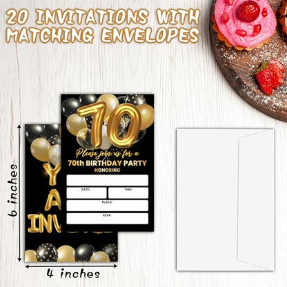 70th Birthday Invitations, Black and Gold, 4x6 Inches, 20 Pack with 20 Envelopes - style: 70th