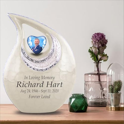Personalized Photo & Text White Teardrop Cremation Urns for Adult Ashes Male Female - 156 Lbs Burial Urns for Human Ashes - Handcrafted Funeral Decorative Urn for Adult with Velvet Bag - size: 156 Lbs Adult Urn