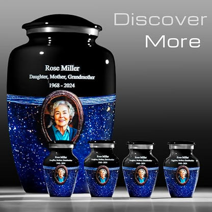Blue Galaxy Photo Urn for Human Ashes – Personalized Cremation Tribute with Portrait, Name & Dates, Starry Sky Memorial Keepsake, Made in USA (Large) - size: Large