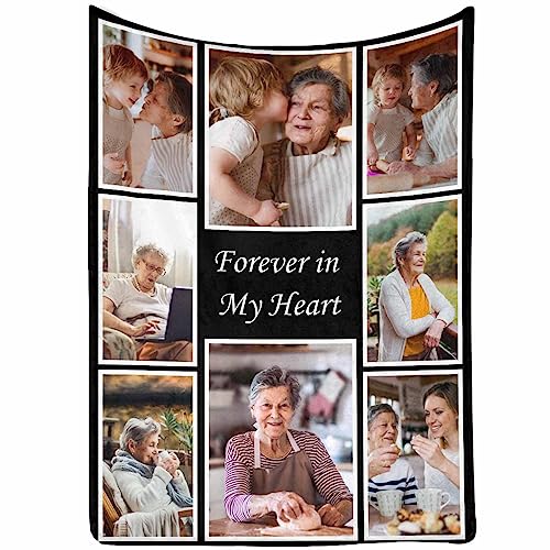 Custom Blanket with Photos Forever in My Heart 8 Photos Personalized Memorial Blankets, Throw Blanket for Family Lover Dad Mom Birthday Wedding Mother's Father's Day - color: 8 Photo Collage