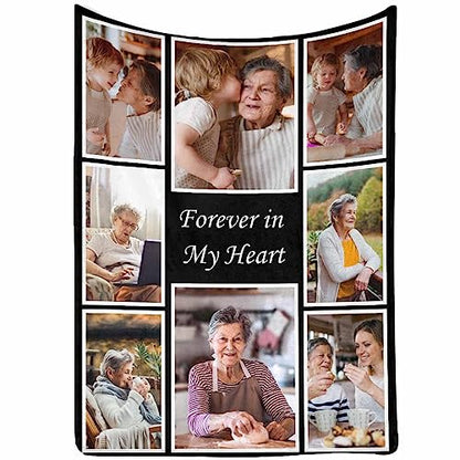 Custom Blanket with Photos Forever in My Heart 8 Photos Personalized Memorial Blankets, Throw Blanket for Family Lover Dad Mom Birthday Wedding Mother's Father's Day - color: 8 Photo Collage