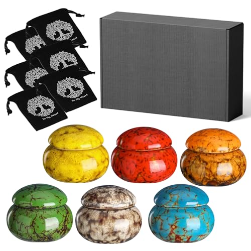 CHONOVO 6 Pack Mini Keepsake Urn for Human Ashe, 1.6" Ceramic Cremation Urn | Handcrafted Ceramic, 6 Special Color, with Velvet Bag, Holds 1.7 Tbs, Sealed Design for Human & Pet Memorial Ashes Keepsake