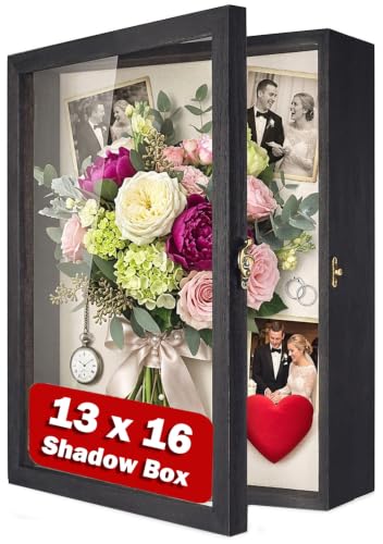 TJ.MOREE Large Shadow Box 13x16 Flowers Display Case Wooden Picture Frame - color: Black, size: 13x16