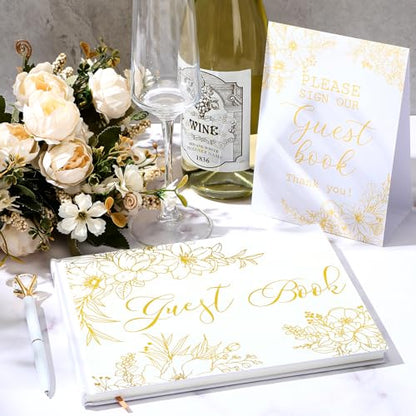 Wedding Guest Book with Pen and Table Sign, 7x9 Inch Photo Guestbook with 88 Lined Pages, Personalized Guestbook Photo Album Sign in Book for Reception Bridal Shower Wedding Birthday Party(Gold Foil) - style: Gold Foil