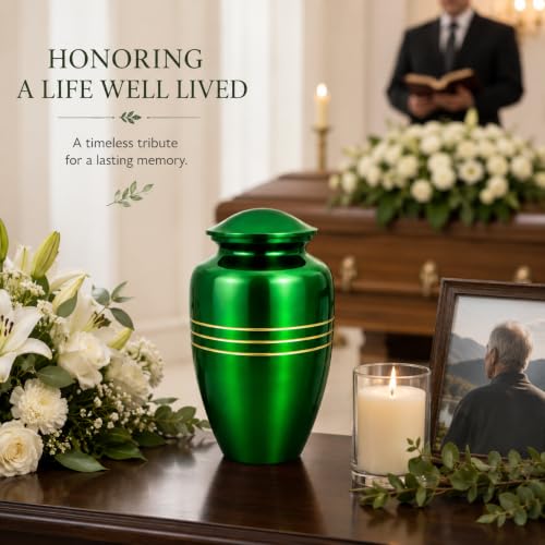 CLEENTABLE Metal Cremation Urn for Human Ashes, Extra Large, Green - color: Green, size: Classic Three-Band - 6.5x11"