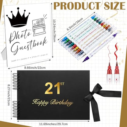 AmazingSpark Birthday Guest Book Set Memory Photo Guest Book Black Gold Decoration Birthday Gift for Men Women Wood Signature Photoprop Party Supply Sign Picture Album for Party Event (21 st) - size: 21 st