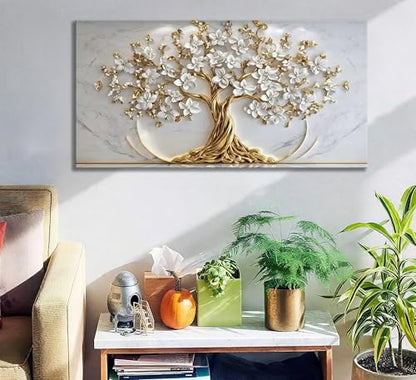 QGJQCFY Tree of Life Canvas Wall Art, Gold White Flowers, 40x20in | Natural Landscape Poster Print, Living Room Bedroom Office Decoration, Ready to Hang - size: 40"L x 20"W