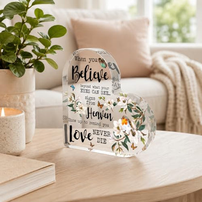Smile Memorial Acrylic Tabletop Plaque, Heart Shaped Heaven Signs Love Never Dies Themed Decorative Sign with Magnolia Bird Butterfly Elements for Home Decor and Sympathy Gift - style: Memorial