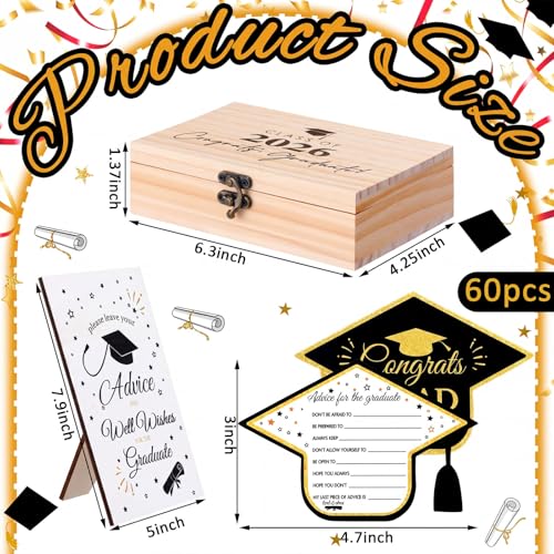 Gersoniel Graduation Advice Cards Class of 2026 Congrats Grad Wood Box Advice and Wishes Wooden Table Sign with Pens 60 Pcs Graduation Games Cards Grad Party Keepsake Decorations for 2026 Graduate