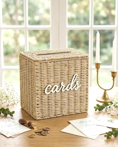 Wicker Wedding Card Box Basket with Slot, 10.2'' Hand-Woven Rattan | Card Holder for Reception, Graduation, Bridal & Baby Shower, Decorative Keepsake Gift Box, Includes Cards Sign - color: natural